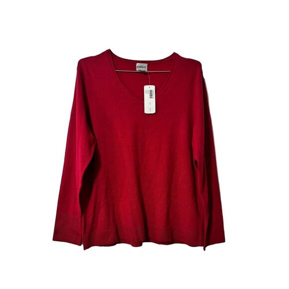Chico's  Apparel Ribbed Pullover Sweater Large Red Long Sleeve V-Neck Silk Nylon - Picture 1 of 6